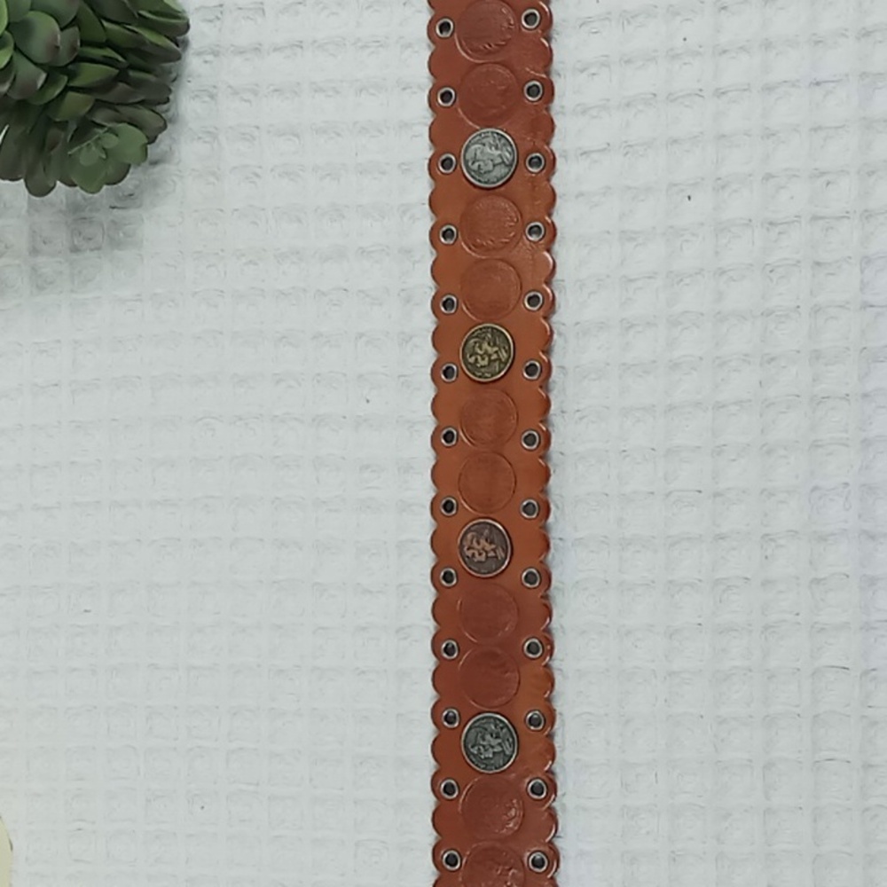 Fossil Brown Leather Belt With Coin Details Scalloped Edges And Grommets Size M - Picture 5 of 14